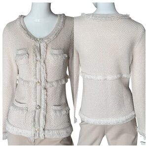 INC International Concepts Ivory Button Down Fringe Trim 4 Pocket Cardigan Sz L